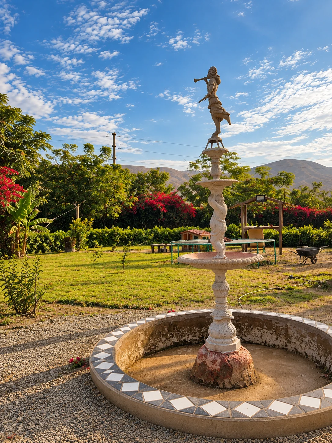 Pileta ornamental clásica de cantería con agua reposada